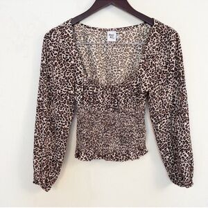 Princess Polly Leopard Print Long Sleeve Smocked Waist Cropped Top Brown Size 0